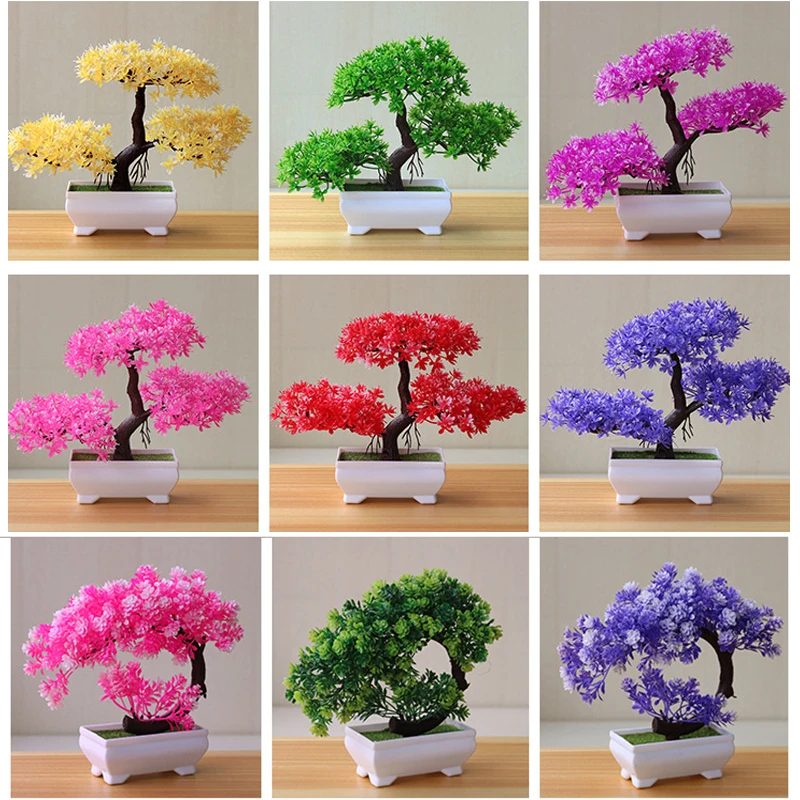 

Bonsai Artificial Plants Potted Green Small Tree Plants Fake Flowers Potted Ornaments for Home Garden Decor Party Hotel Deco