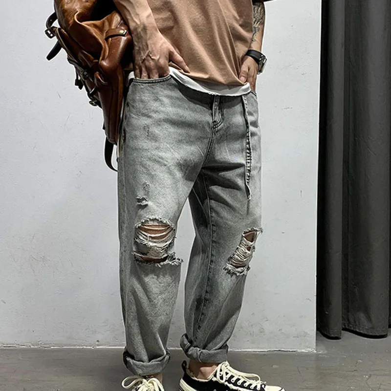 Spring Summer Men Thin Knee Length Jeans Fashion Street Ripped Hole Denim Pants Europe Vintage Grey Trousers With Waistband