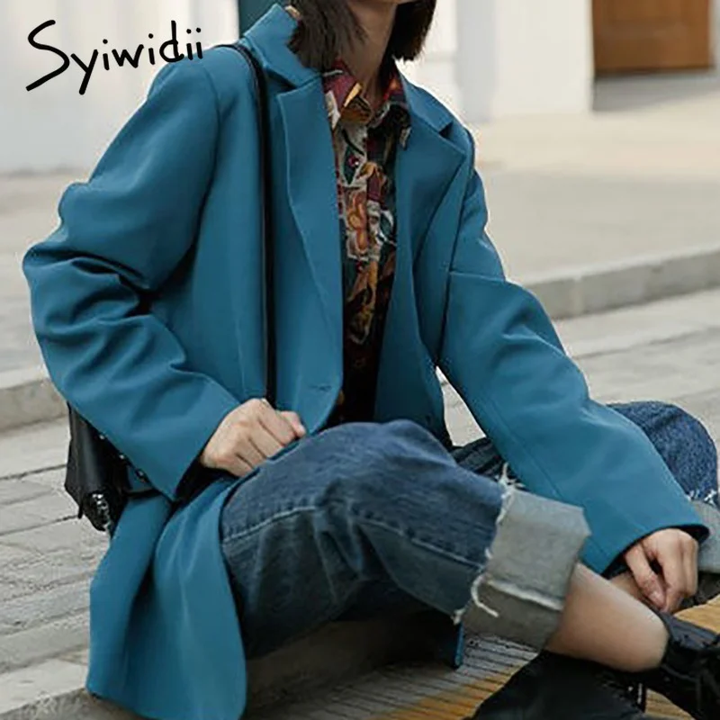Женский однобортный Блейзер Syiwidii сине-черное пальто с длинным рукавом и