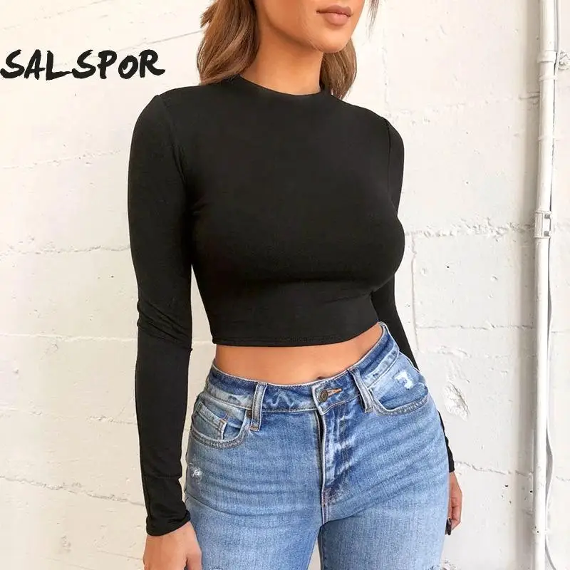 SALSPOR модная спортивная Женская Однотонная футболка с длинным рукавом