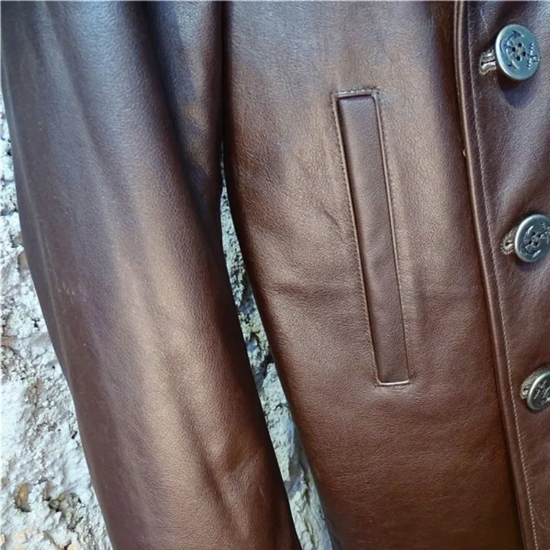 

Cow Leather Vintage Double Breasted Trench Coat Men Winter Thicken Slim Fit Genuine Leather Long Jacket Business Casual Overcoat