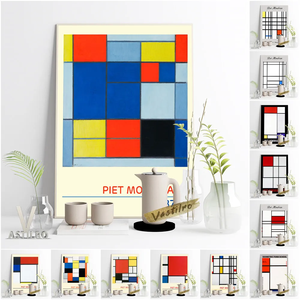 

Piet Mondrian Neoplasticism Exhibition Museum Poster Composition With Red Yellow And Blue Wall Art Canvas Painting Gallery Decor