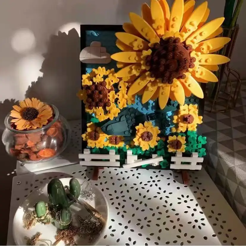 

Compatible with sunflower bouquet portrait decoration eternal flower picture frame girl puzzle assembly building block toy gift