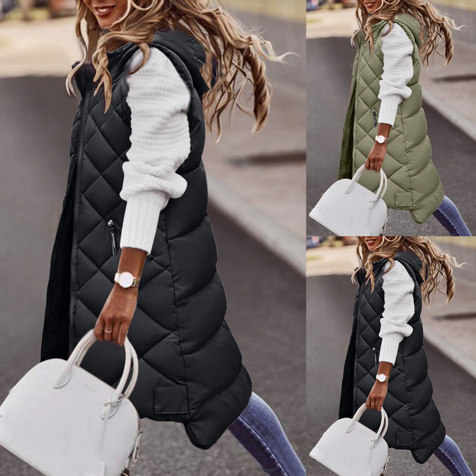 

Зимнее женское длинное пальто, жилет, Повседневная однотонная куртка без рукавов с капюшоном, жилеты, женское теплое пуховое пальто с карма...