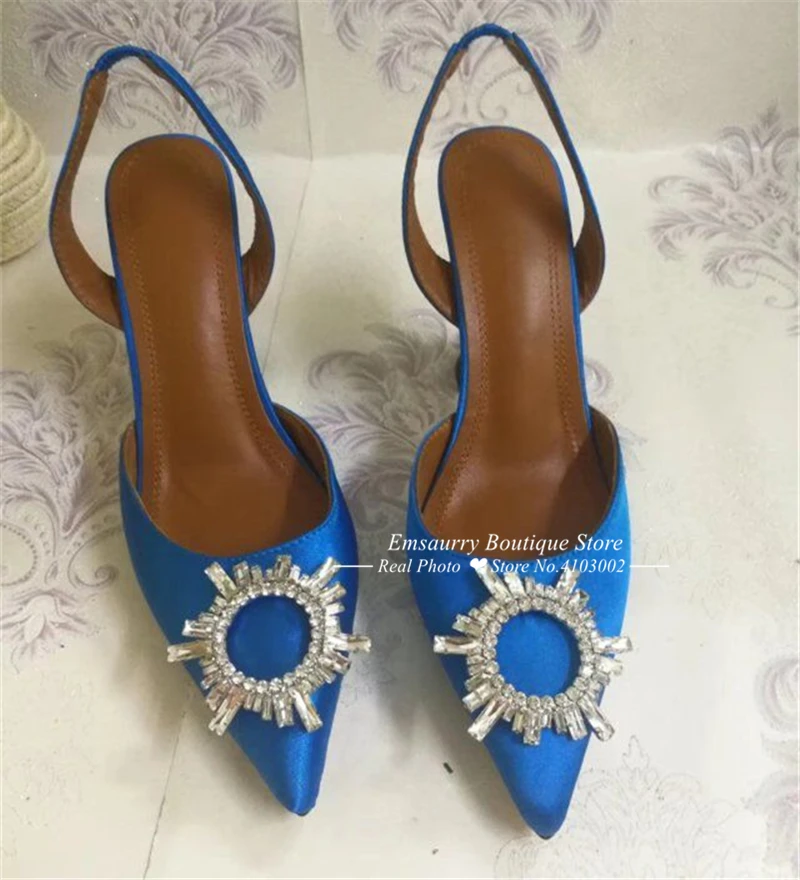 Luxury Satin Cup Heel Sandalias Mujer Sexy Back Strap Pointed Toe Crystal Buckle Individual High Heel Summer Sandals Women