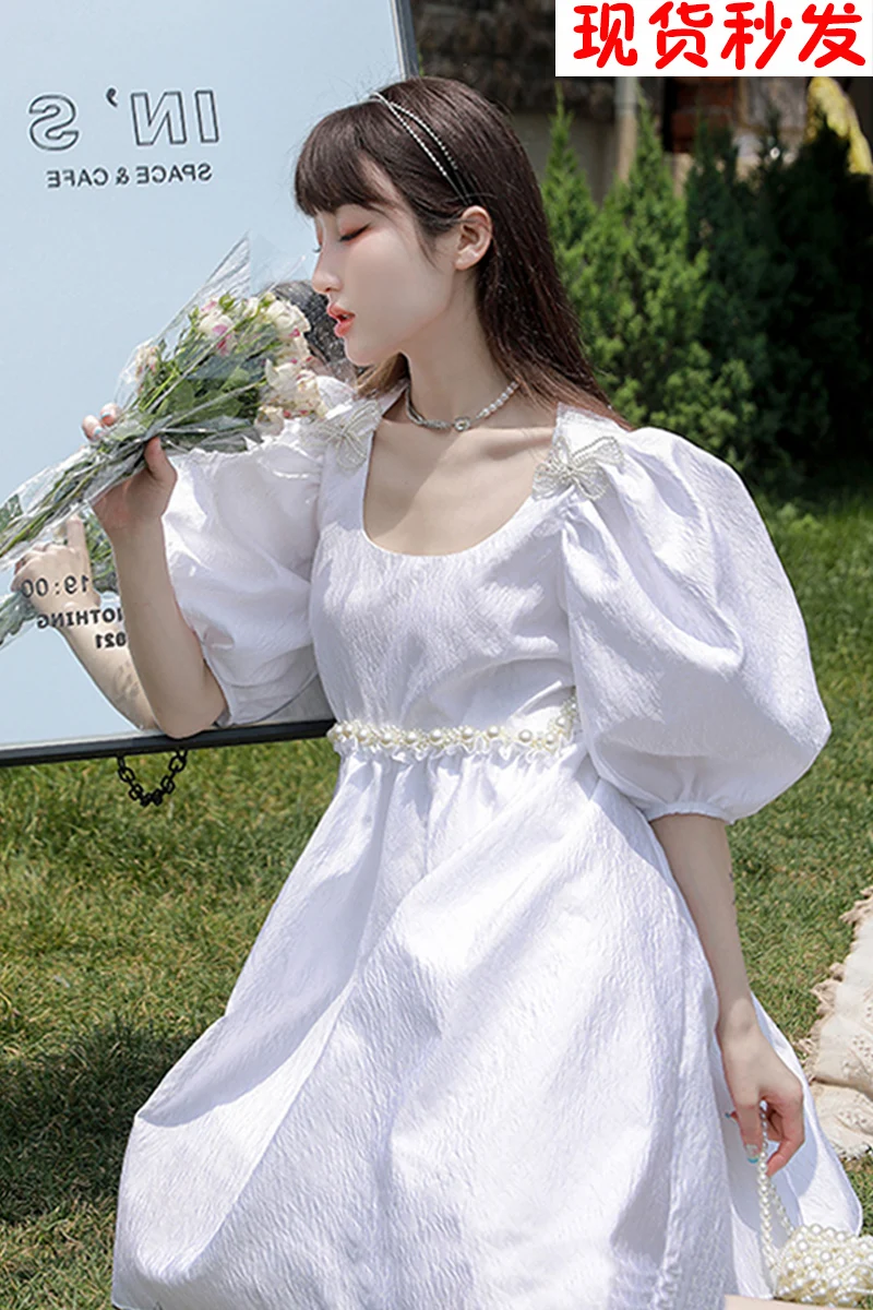 

SuperAen French Bow Pearl Lace Up Diamond Backless A Line Puff Sleeve White Dresses for Women's Summer Design Waist Loose