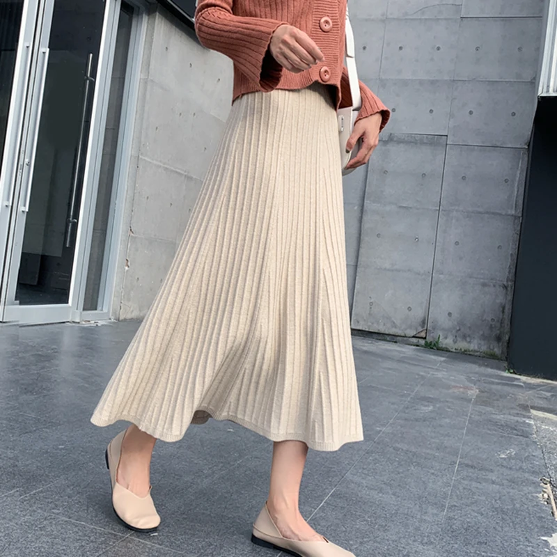 

Autumn Winter Korean Women Knitted Skirt Kawaii A-Line Empire Mid-Calf Sweet Skirts Ladies Vintage Solid Casual Skirt