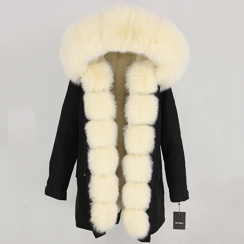 OFTBUY Водонепроницаемая длинная парка зимняя куртка Женское пальто из натурального меха натуральный Лисий меховой капюшон, воротник теплый съемный уличная Роскошная Новинка - Цвет: black beige