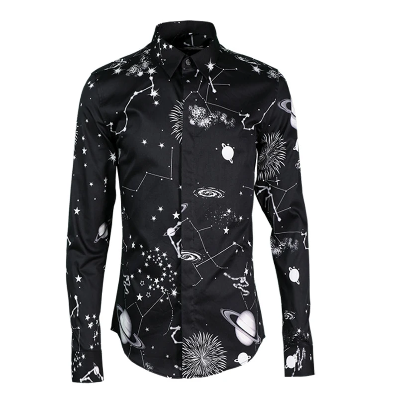 

Brand Black Printed Men Shirt Fashion Classic Constellation Allover Print Dress Shirts Men Long Sleeve Casual Slim Mens Shirts