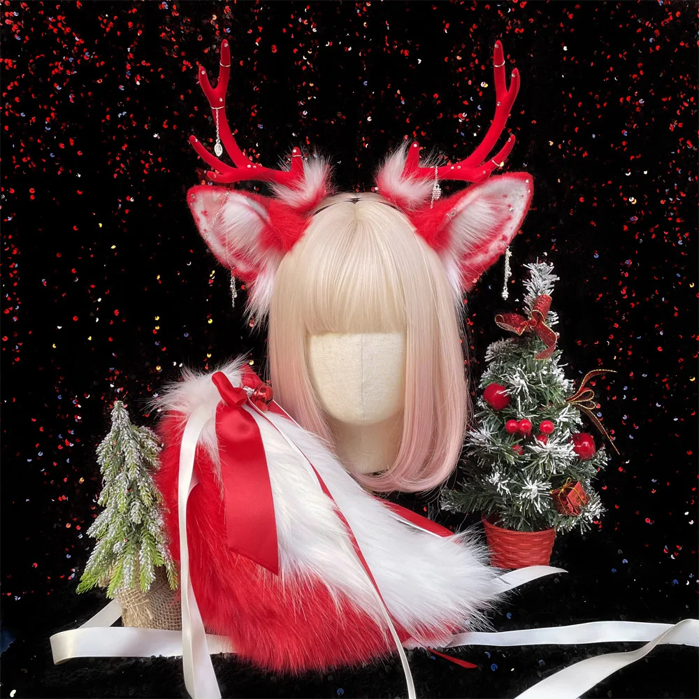 

New Christmas Red Deer Ears Antlers Tail Hairhoop Horns Earrings Bows Headwear Headband For Cosplay Costume Accessories