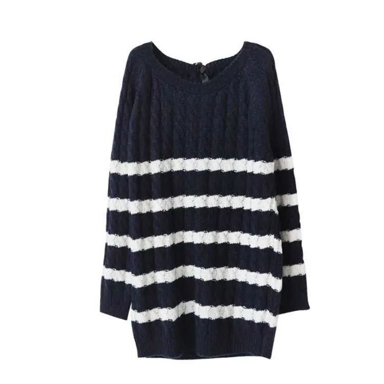 

2020 new Korean women's black and white striped sweater mid-length loose long-sleeved knitted sweater