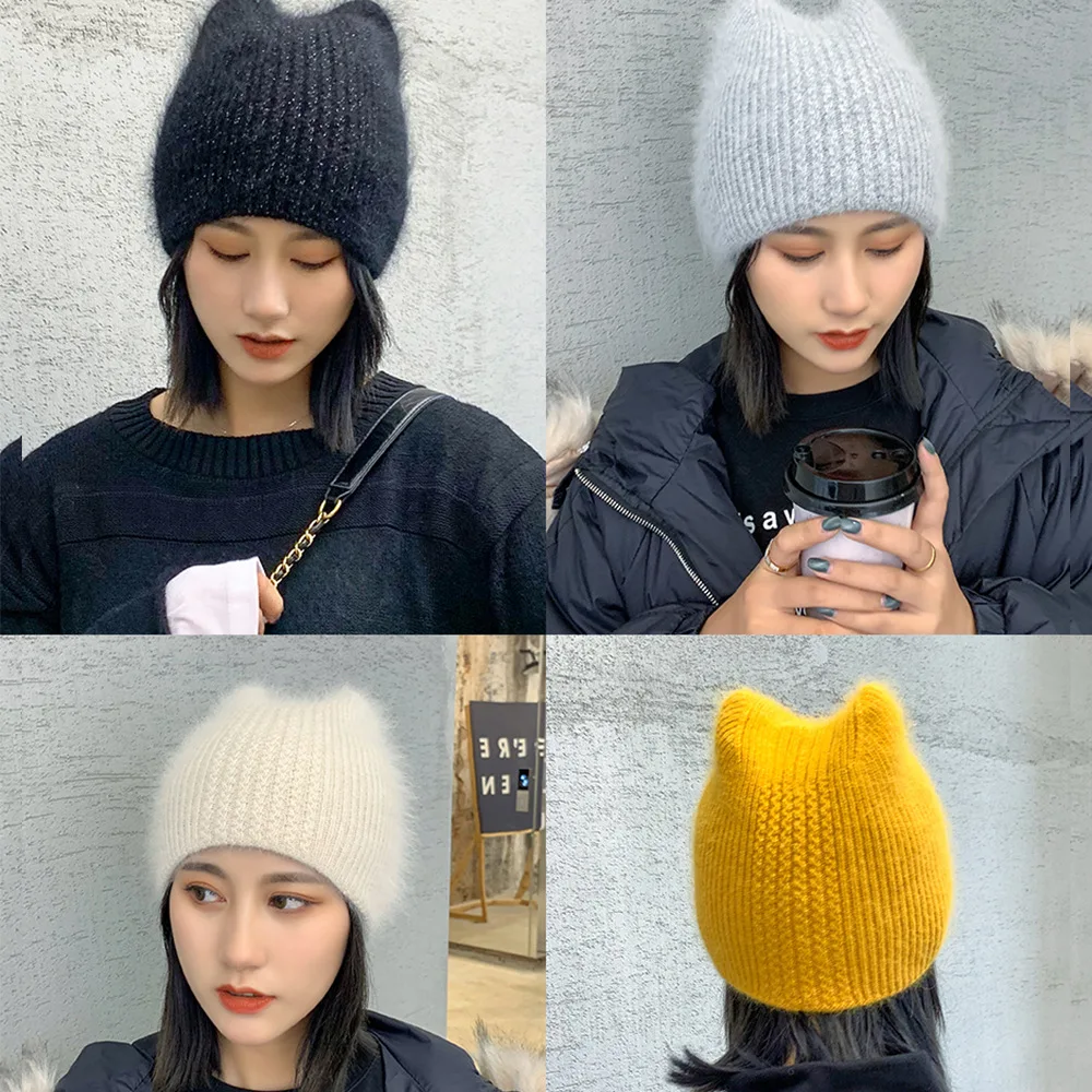 

Warm lovely Winter Knitted Hats for Women Casual Soft Warm Angola Rabbit Fur Beanie hats for glris lady Bonnet Gorros