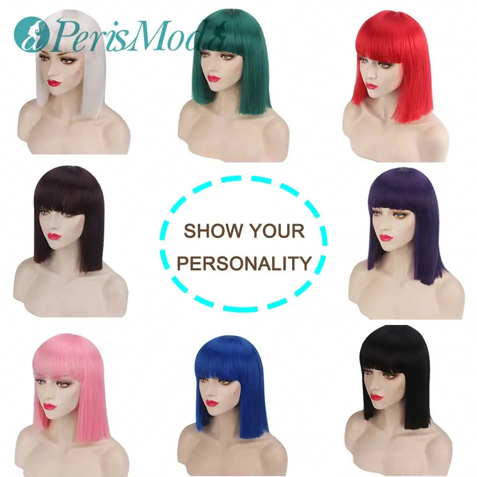 

Synthetic Short Bob Wig With Bangs for Women PerisModa Synthetic Bob Wig Black Pink Blue Wig for Party Daily Use Shoulder Length