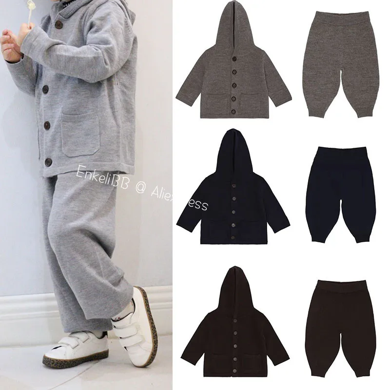 

EnkeliBB Children Brand Knit Coats and Pants Wool Knit Cardigans and Loose Pants Outfits High Quality Boy Girl Solid Jackets