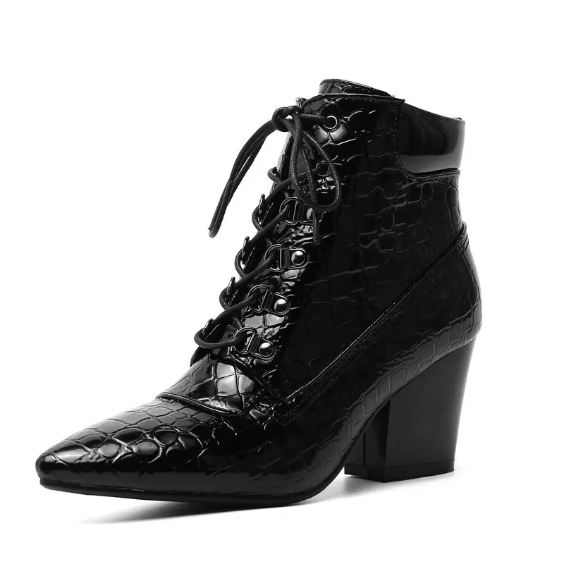 

Women Boots Pu Leather Sqaure High Heel Ankle Boots Fashion Pointed Toe Lace Up Martin boots Autumn Winter Ladies Shoes