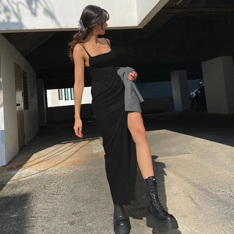 

2021 Black Spaghetti Strap Maxi Dress Women Sexy Ruched Bandage Slim Christmas Dress Elegant High Split Vestido