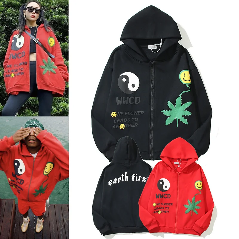 

Spring Autumn Smiley Letter Foam Kanye West Zip Hooded Mens Womens Oversize Stranger Things Streetwear Fleece Sweatshirt Hoodie