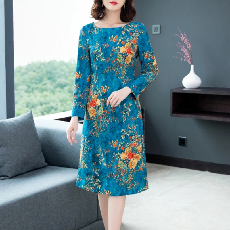 

Женское Повседневное платье-миди с цветочным принтом, с длинным рукавом