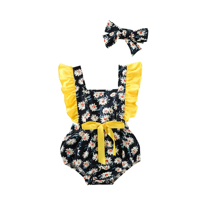 

Baby Girls Fashionable Outfit 2Pcs, Toddlers Summer Creative Daisy Printing Lace Decoration Fly Sleeve Romper + Bow Headwear Set