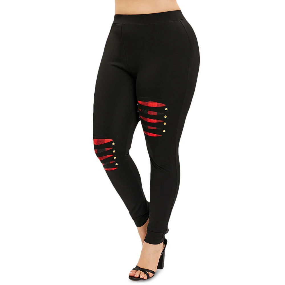 Плюс размер рваные леггинсы в шотландскую клетку узкие брюки повседневные