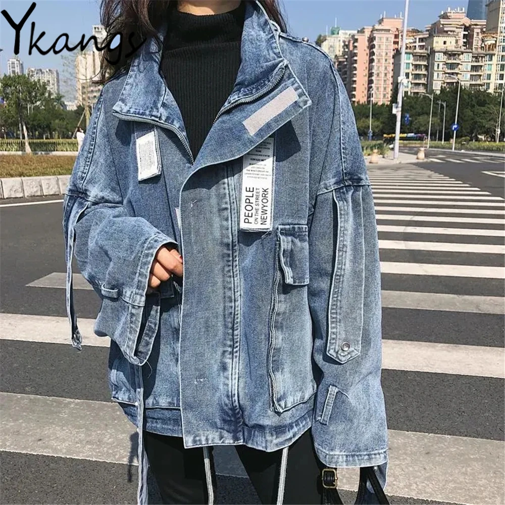 

Zipper Strap Stand Collar Jean Jacket Korean Hippie Streetwear Big Pockets Irregular Denim Coat Women Harajuku Gothic Loose Top