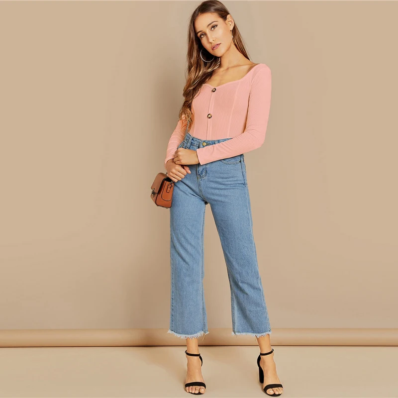SHEIN Облегающий Топ С Длинным Рукавом И Глубоким Вырезом Трикотажная Блузка В Рубчик