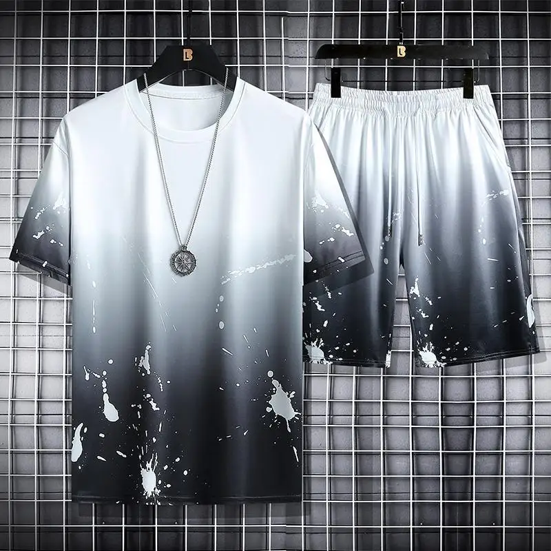 

Ice silk gradual change men's short sleeve T-shirt summer trend loose casual sports suit running fitness quick drying clothes