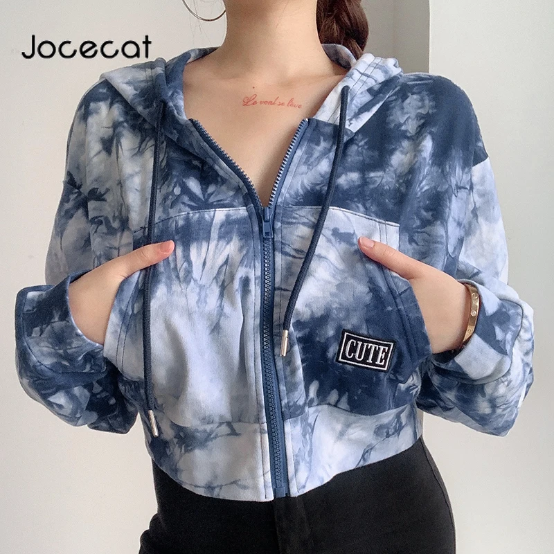 

Женский укороченный худи Jocecat, свитшот с принтом тай-дай, пуловер на молнии с длинным рукавом, уличная одежда, осень 2020