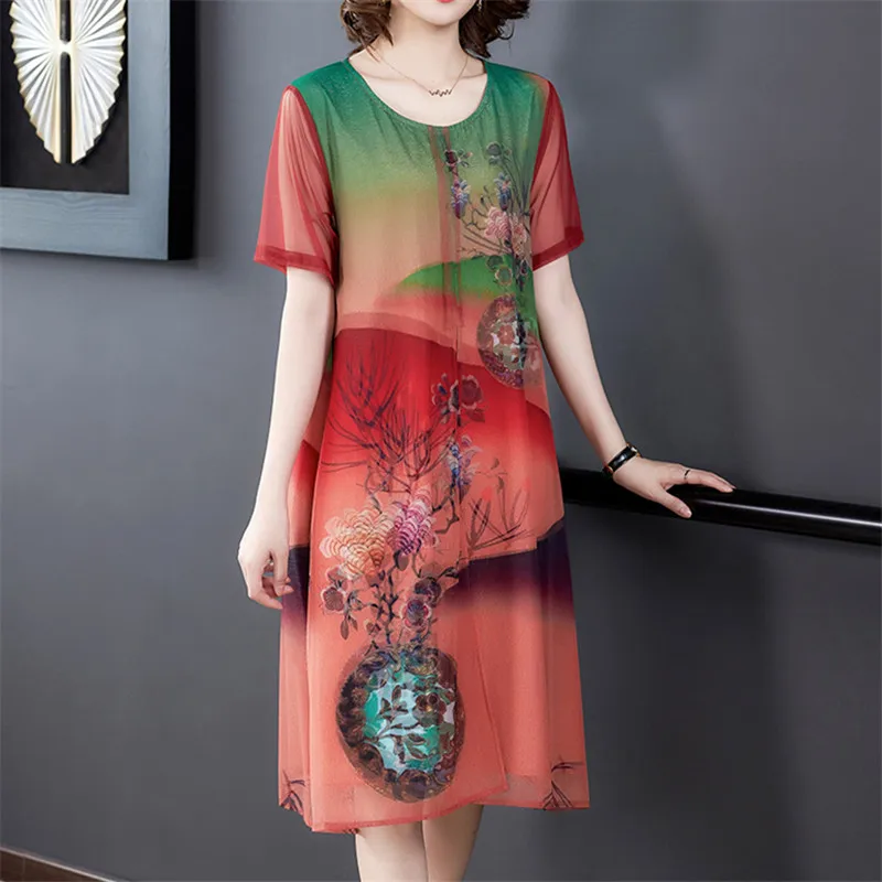

Chikichi Summer Loose Plus Size Woman Dress Middle-aged and Elderly Home Temperament Round Neck Beach Chiffon Dress 4XL
