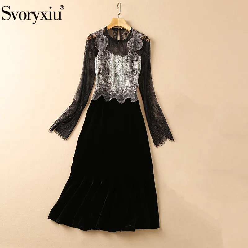 

Svoryxiu Fashion Woman Autumn Black Elegant Prom Dress O-Neck High Waist Slim Velvet Patchwork Lace Hollow Out Party Dresses