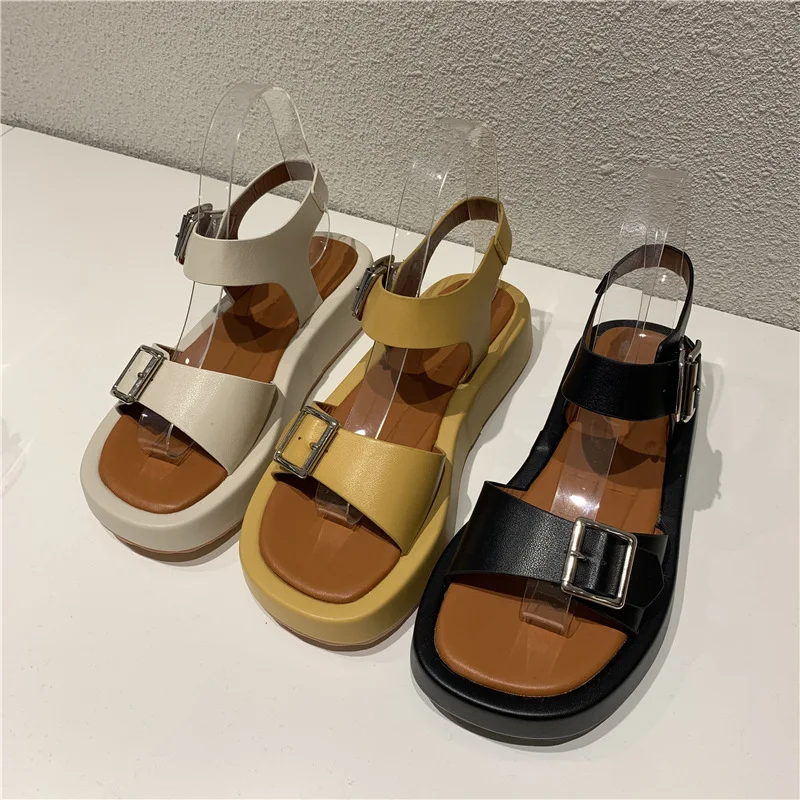 

ZOELEA Woman Sandals Flat Shoes 2021 New Fashion Sandals Summer Round Toe Mid Heel Black White Buckle Basic Size 35-39