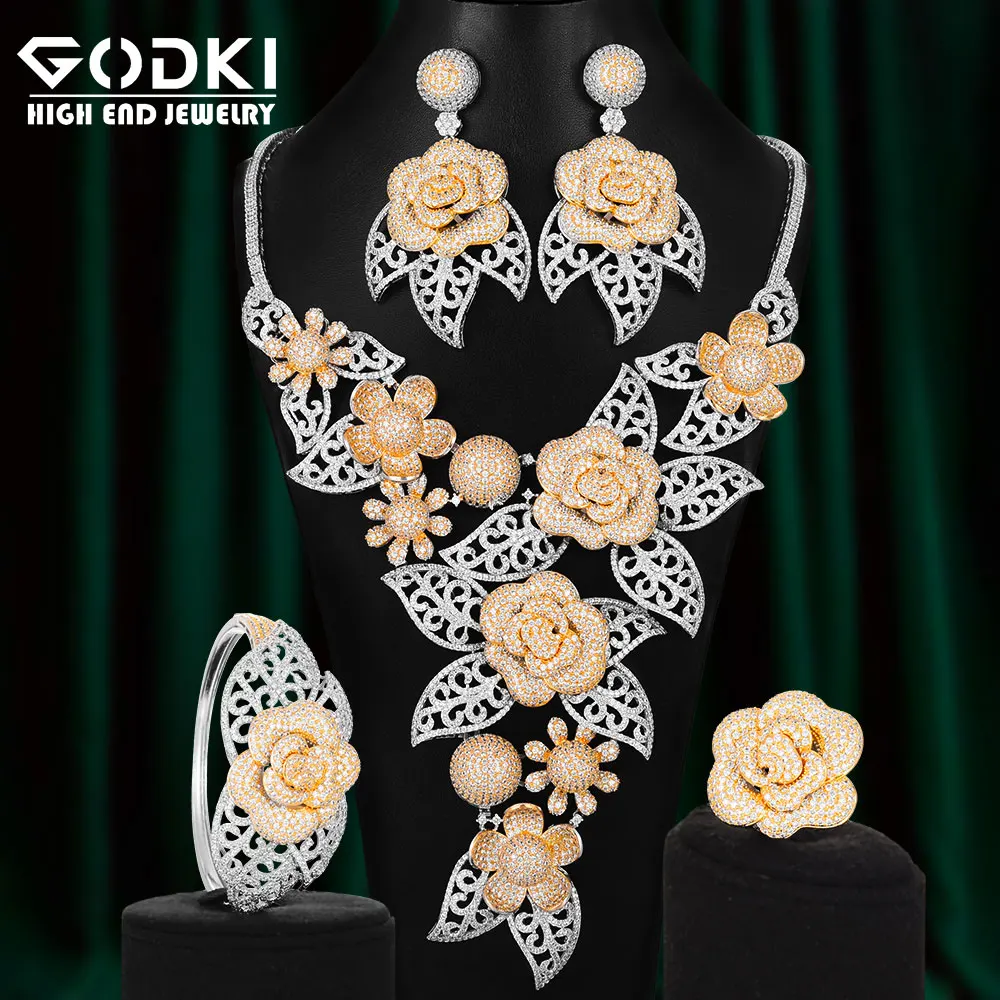 

GODKI Luxury Bicolor Rose Flowers African Jewelry Sets For Women Wedding Full Micro Cubic Zirconia Dress Necklace Earring Sets
