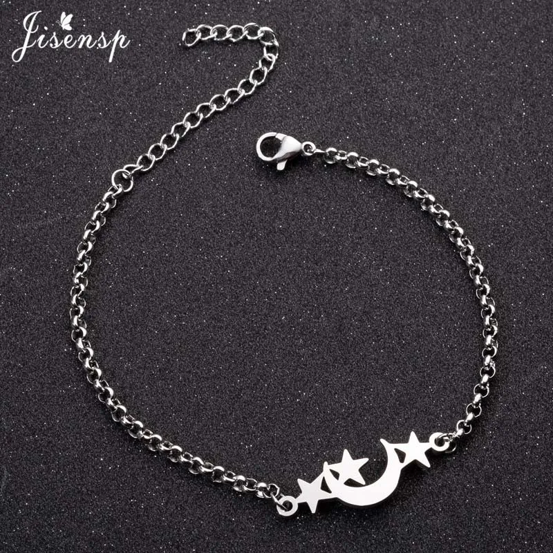 Jisensp Korean Style Moon and Stars Stainless Steel Bracelet Fashion Jewelry for Women Girls Delicate Star Luna Charm | Украшения и