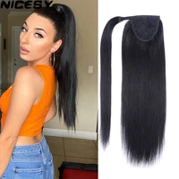 synthetic 22 long straight heat resistant ponytail hair extension wrap around fake hair clip in black brown pony tail