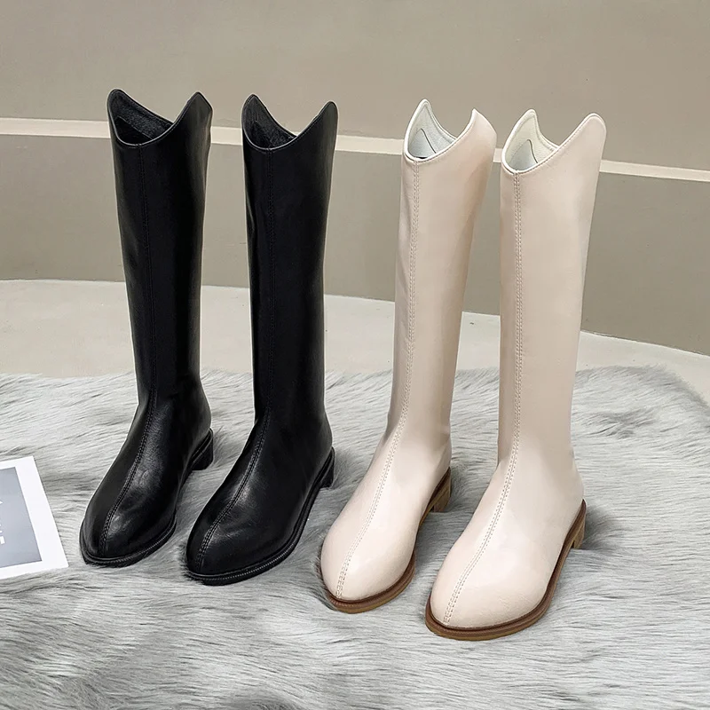 

Ботинки женские на среднем каблуке, базовая простая ткань, круглый носок, без застежки, до середины икры, из искусственной кожи, на шнуровке, ...