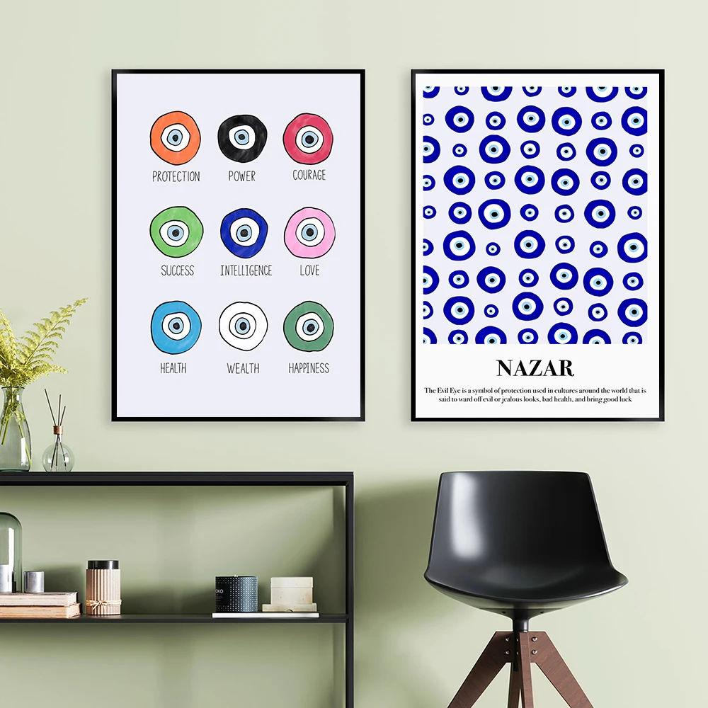 

Boho Evil Eye Poster Watercolor Art Print Vintage Mid Century Blue Canvas Painting Modern Wall Picture Living Room Home Decor