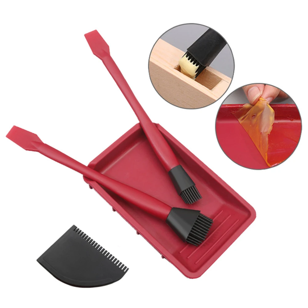 

4pcs Silicone Woodworking Glue Tools Kit with Wide Brush Narrow Brush Flat Scraper Glue Tray Wood Gluing Applicator Set