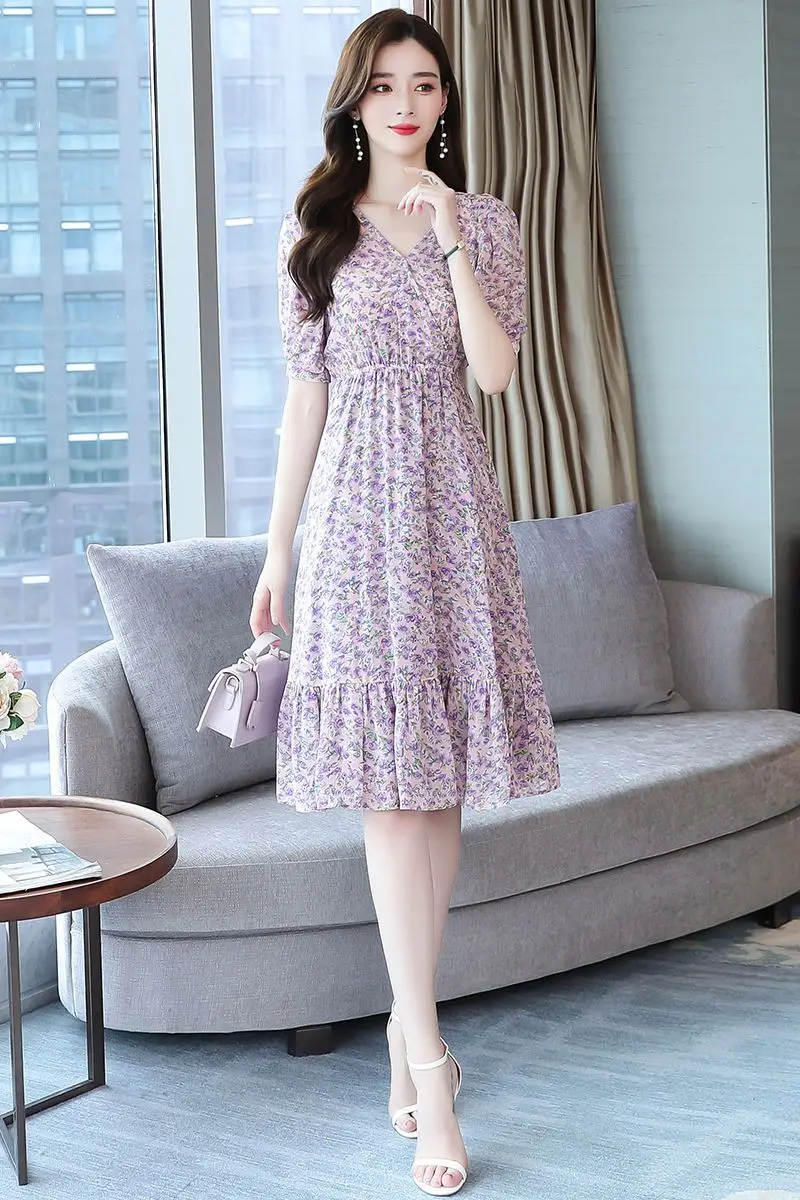 

COIGARSAM French Style Floral Print Women dress New Spring Summer Vintage Chiffon Short Sleeve Dresses Purple 8160