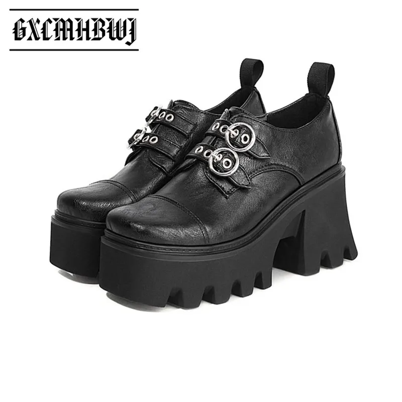 

GXCMHBWJ Vintage Gothic High Platform Buckle Block Heel Women Pumps Spring Metal Decoration Thick Bottom Office Ladies Shoes