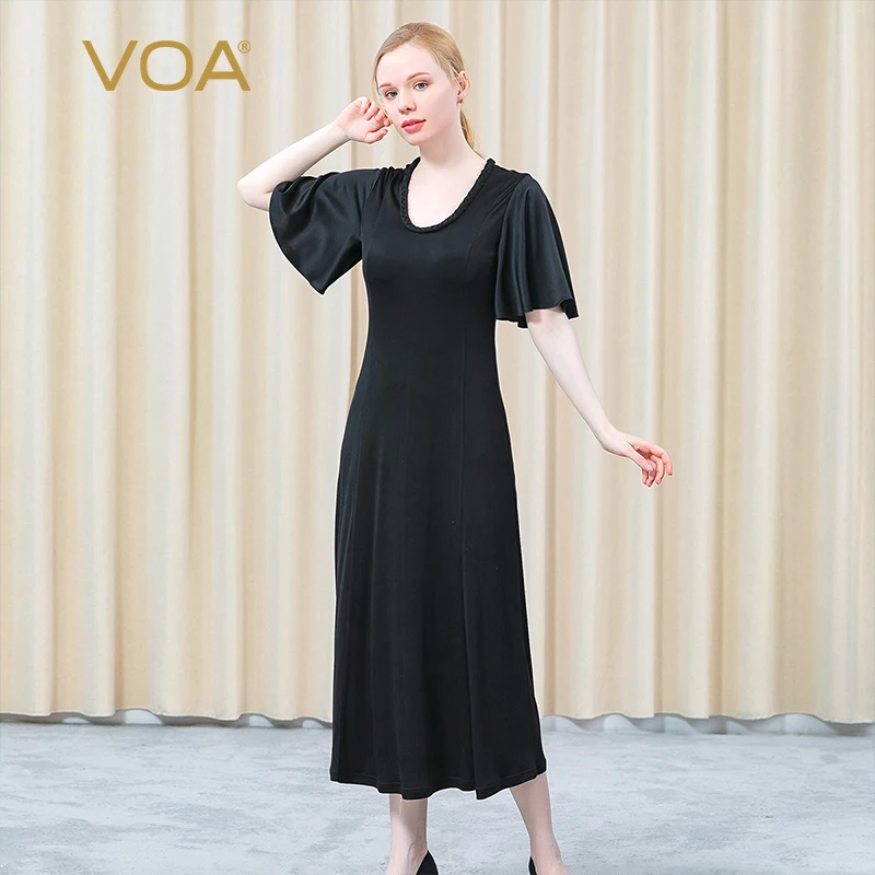 

VOA Double-sided Knitted Silk Round Neck Braided Hair Three-dimensional Decorative Lotus Leaf Sleeve Waist Long Dress AE819