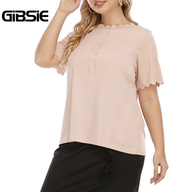 

Женская блузка с круглым вырезом и фестонами, лето размера плюс, 2021