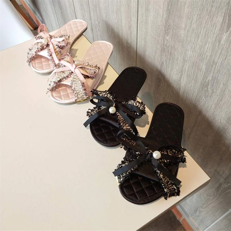 Сланцы женские на плоской подошве сатиновые шлепанцы с бантом Нескользящие