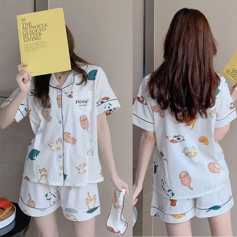 

Japanese Style Women Summer Cotton Pajamas Set Kawaii Cartoon Meow Cat Short Sleeve Sleepwear Lapel V-Neck Loungewear
