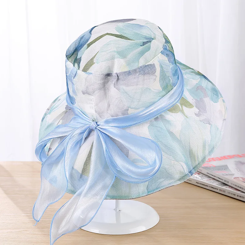 Women Flower Sun Hats Wide Brim Anti-UV Foldable Bucket Hat Beach Visor Cap Fashion Panama Female  bow Caps