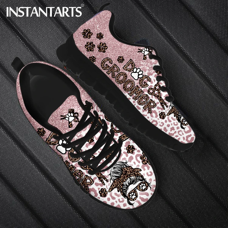 

INSTANTARTS Lovely Dog Groomer Leopard Pink Print Flat Shoes for Women Lace up Casual Sneakers Girls Breathable Zapatillas mujer