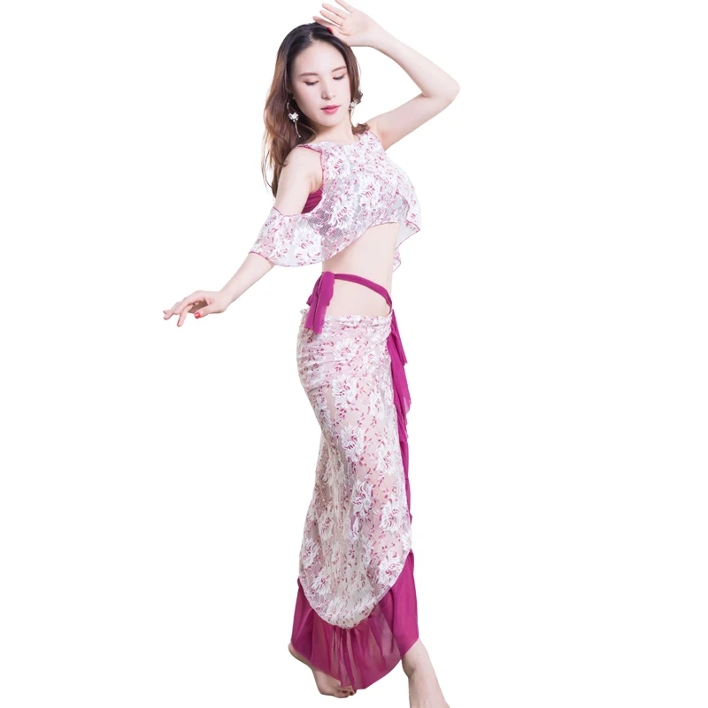 

Women belly dance costumes female uniforms 2020 new training suit performance show dress adult sexy printing flower skirt 2 pcs