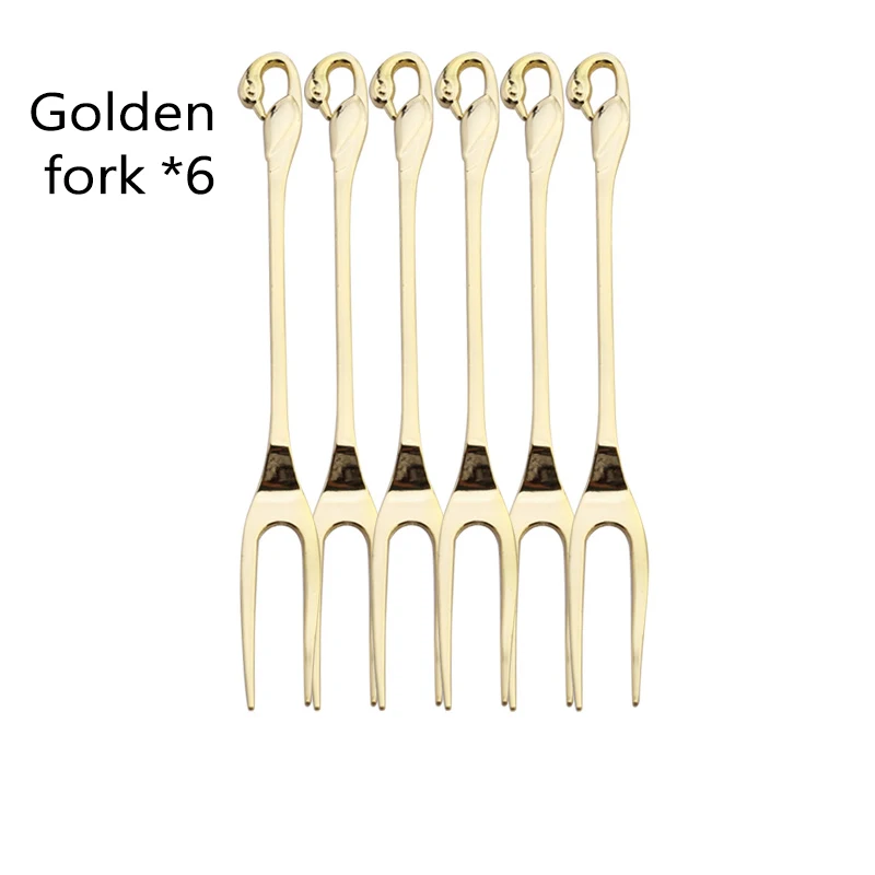 6fork-gold Лебедь База держатель фрукты вилки набор нержавеющая сталь салат десерт вилки ложка кофе Торт Инструменты посуда - Цвет: 6fork-gold