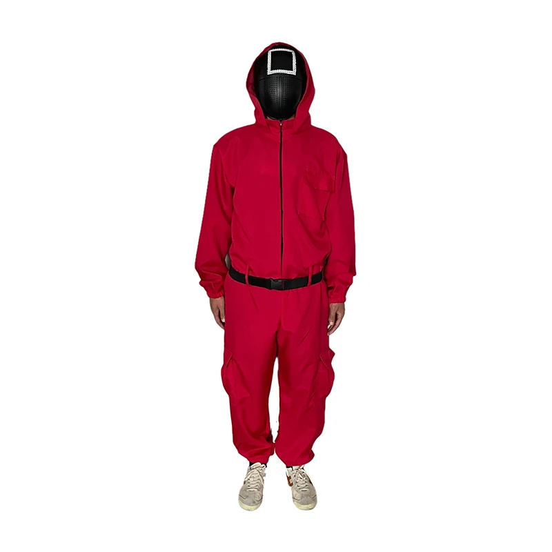 

Squid game villain Red jumpsuit cosplay costume Halloween party Round Six mask