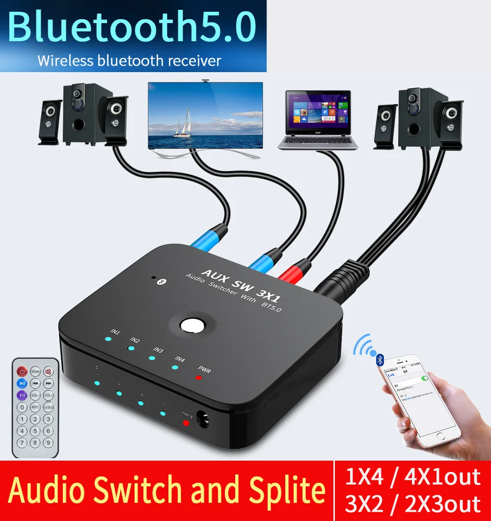 Cabo Comutador Auxiliar Estéreo Hifi com Portas 3.5 mm em sem Fio Bluetooth 5.0 Receptores de Áudio Controle Remoto Infravermelho Cabos de computador e conectores