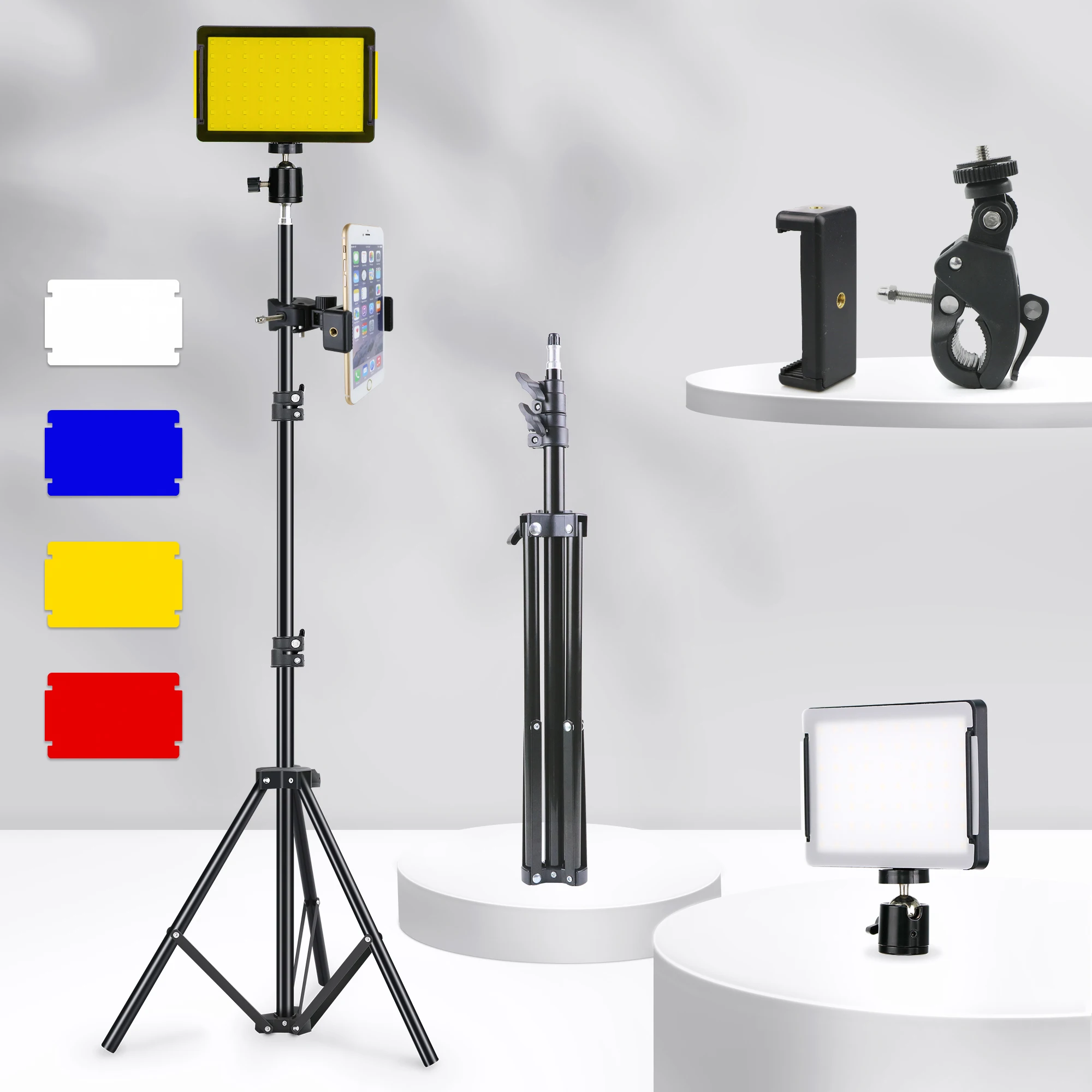 

Mini LED Video Light With Tripod Stand Panel Four-color Card 5600K Dimmable Portable Photography Lamp For Youtube Live Streaming